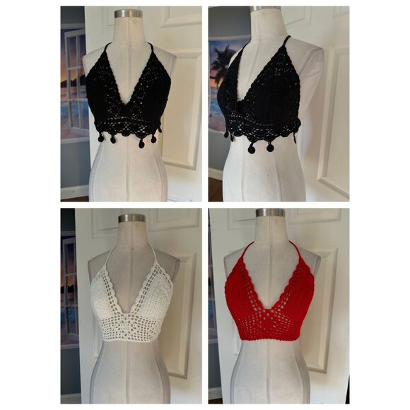 3 beautiful crocheted bikini halter tops fits XS/S - Picture 1 of 6